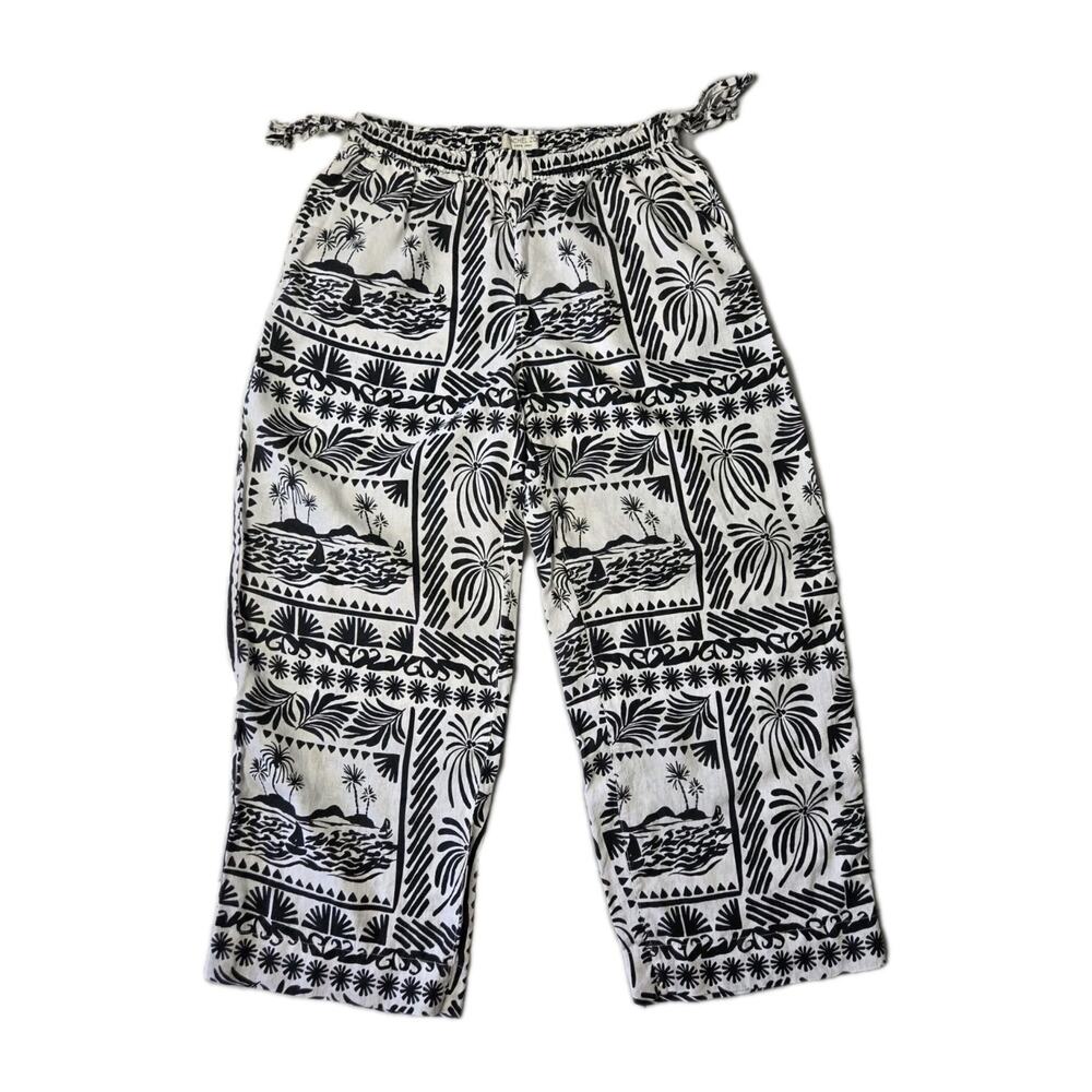 Rachel Zoe 100% Linen Pants M Black White Tropical Print Resort Beach Wide Leg